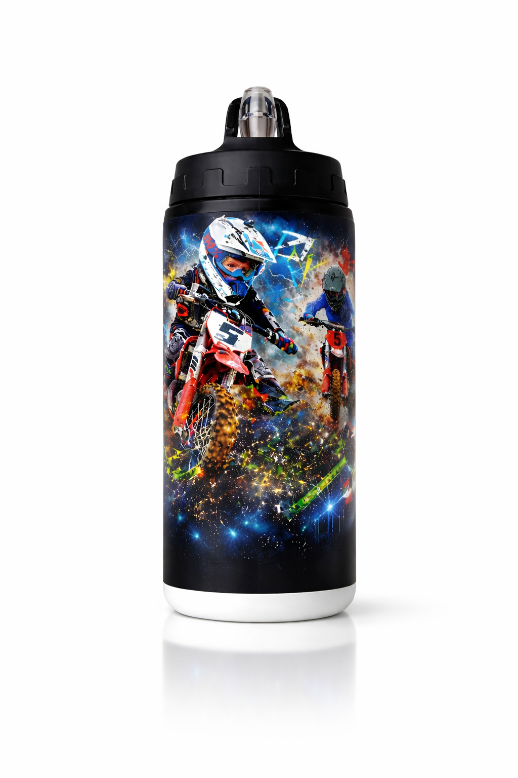 Black sports water bottle with motocross design