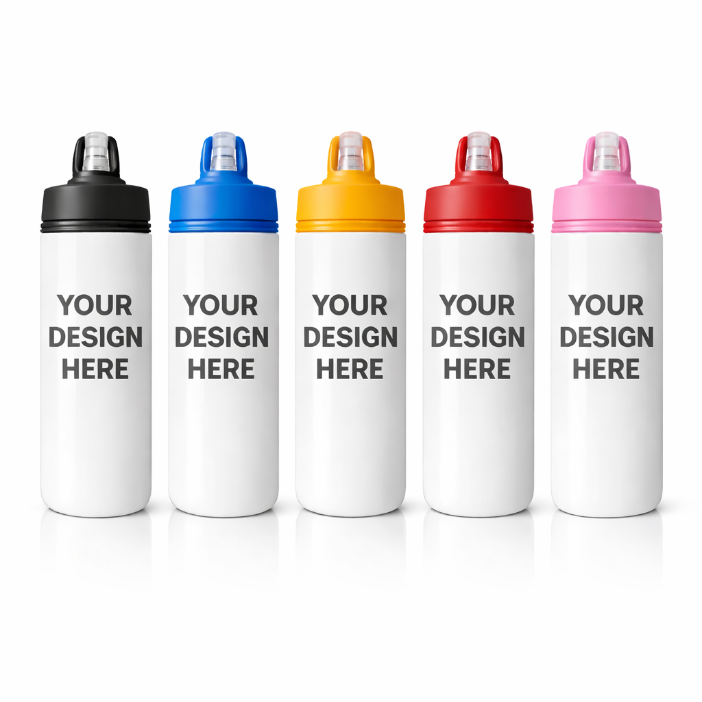 Custom designed water bottles in black, blue, yellow, red, and pink with personalized designs